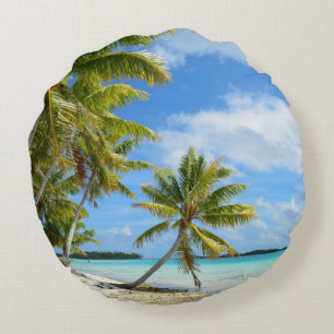Palm tree white sand beach round pillow