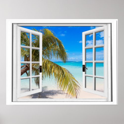 Palm Tree Window Beach View Poster