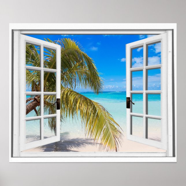 Palm Tree Window Beach View Poster (Front)