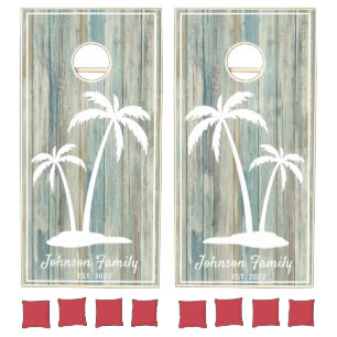 Palm Tree with Family Name Year Rustic Wood Beach Cornhole Set