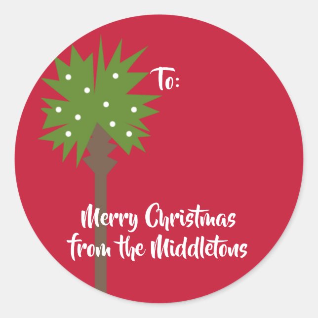Palm Tree with White Christmas Lights Classic Round Sticker (Front)