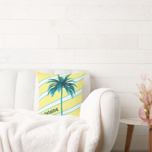 Palm Tree Yellow Blue Stripe Personal Throw Pillow