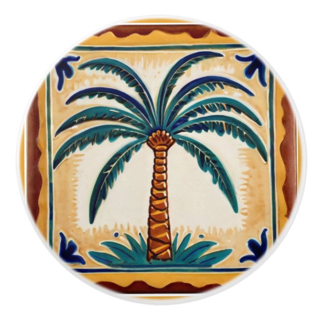 Palm Tree Yellow Brown & Green beach house decor Ceramic Knob (Front)