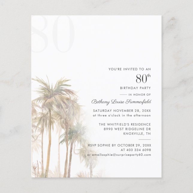 Palm Trees 80th Birthday Party Budget Invitation (Front)