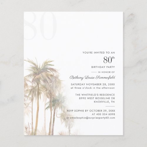 Palm Trees 80th Birthday Party Budget Invitation
