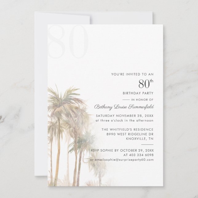 Palm Trees 80th Birthday Party Watercolor Invitation (Front)