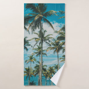 Palm trees above the ocean, vintage toned and retr bath towel