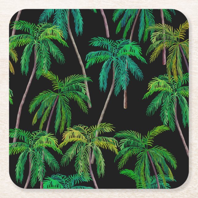 Palm Trees: Acrylic Summer Pattern. Square Paper Coaster (Front)