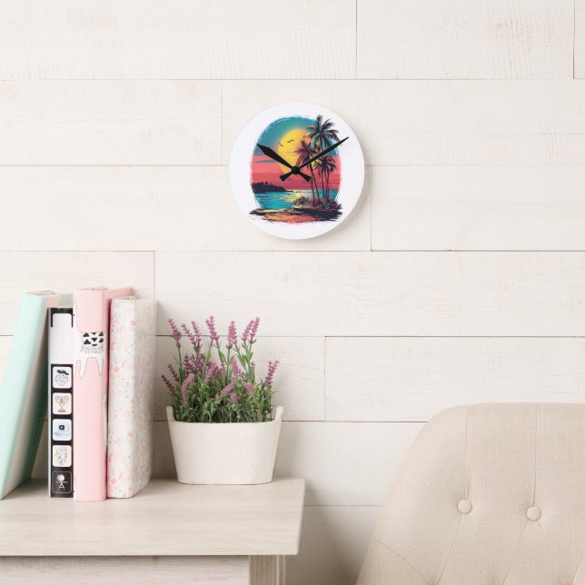 Palm trees and beach round clock (Reading Room)