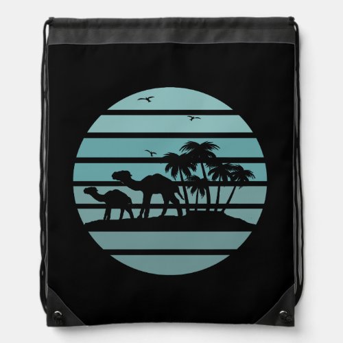 palm trees and camels vintage sunset drawstring bag