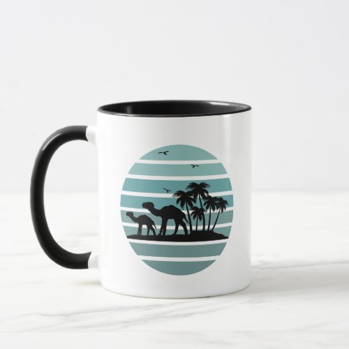 palm trees and camels vintage sunset mug