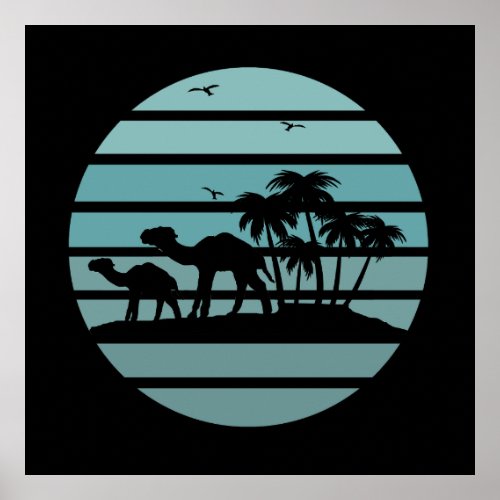 palm trees and camels vintage sunset poster
