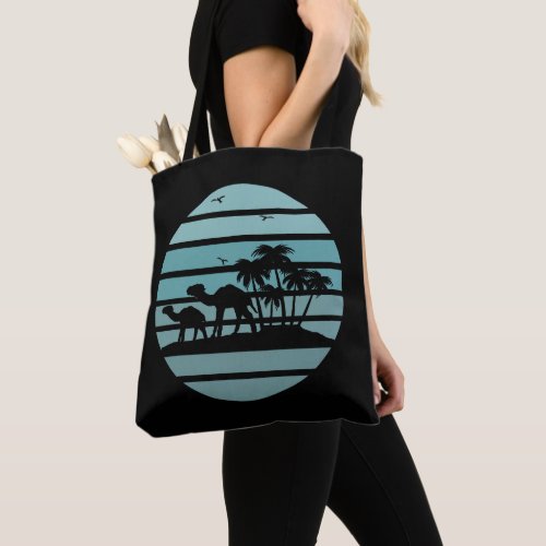 palm trees and camels vintage sunset tote bag
