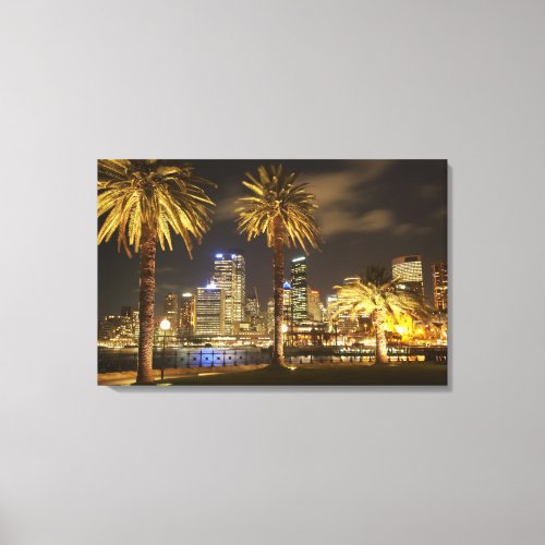 Palm Trees and CBD at Night Sydney New South Canvas Print
