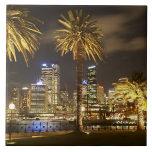 Palm Trees and CBD at Night, Sydney, New South Ceramic Tile
