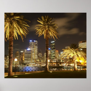 Palm Trees and CBD at Night, Sydney, New South Poster