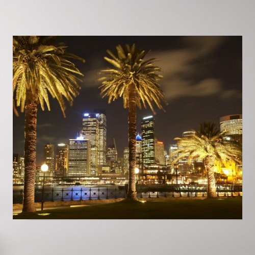 Palm Trees and CBD at Night Sydney New South Poster