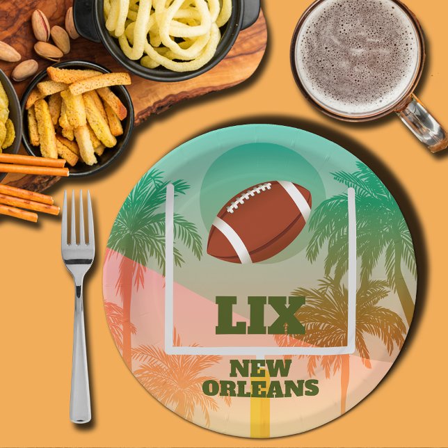Palm Trees and Football Uprights Party Paper Plates (Palm trees and football through the uprights paper plates)