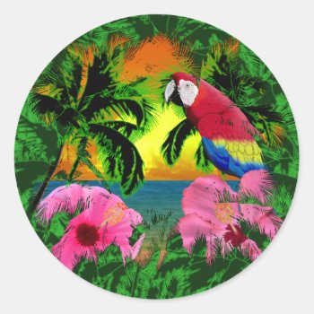 Palm Trees And Island Sunsets Classic Round Sticker by BailOutIsland at Zazzle