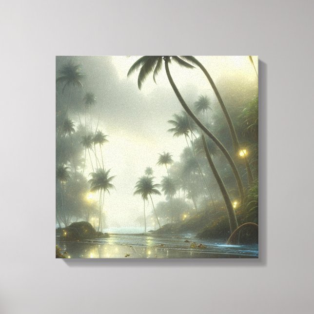 Palm Trees and Ocean Foggy Day Canvas Print (Front)