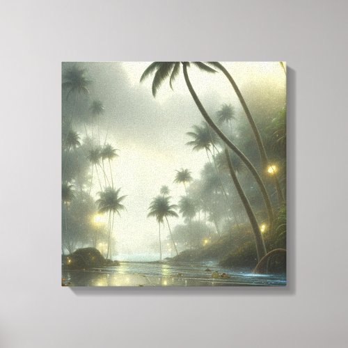 Palm Trees and Ocean Foggy Day Canvas Print