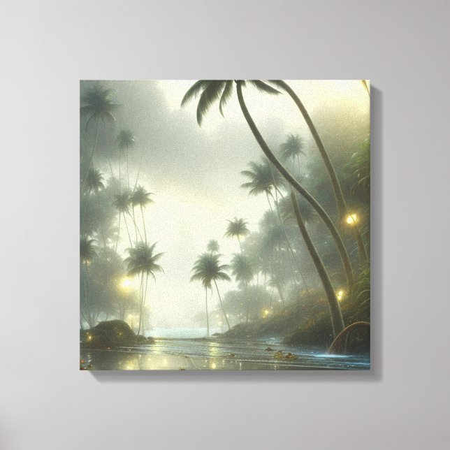Palm Trees and Ocean Foggy Day Canvas Print (Front)