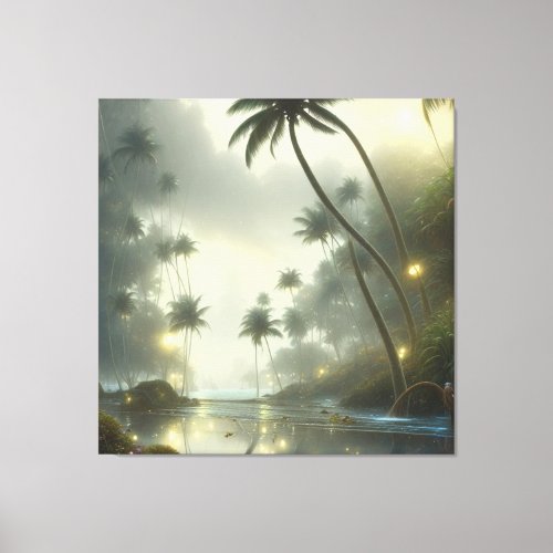 Palm Trees and Ocean Foggy Day Canvas Print