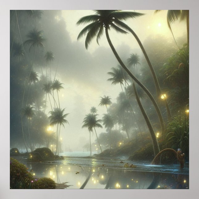 Palm Trees and Ocean Foggy Day Poster (Front)