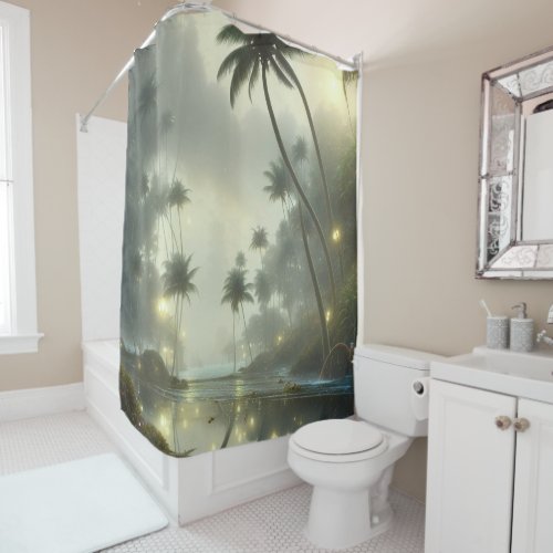 Palm Trees and Ocean Lights Shower Curtain