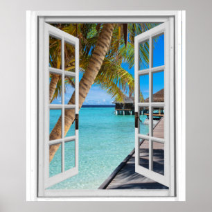 Palm Trees and Ocean View Faux Window Poster