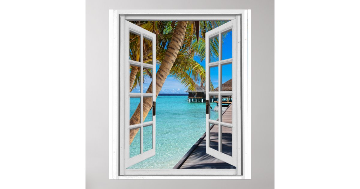 Fake Window Ocean View Palm Trees and Ocean View Faux Window Poster | Zazzle
