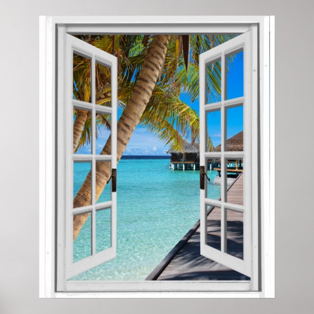 Palm Trees and Ocean View Faux Window Poster (Front)