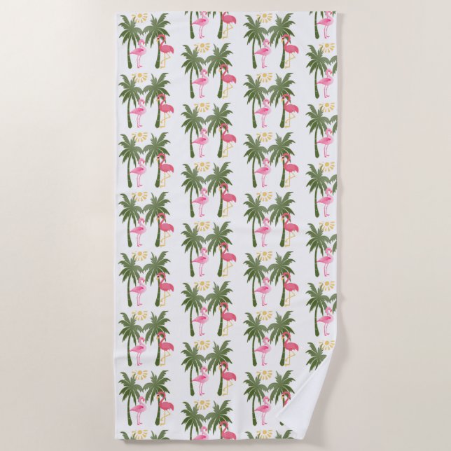 Palm Trees and Pink Flamingos Beach Towel (Front)