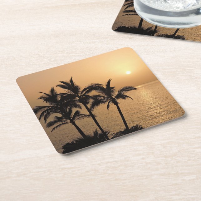 Palm Trees and Romantic Sunset Square Paper Coaster (Angled)