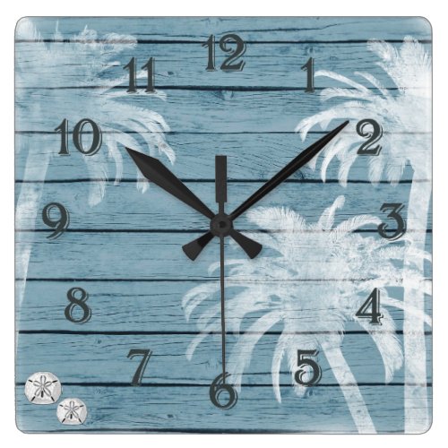 Palm Trees and Sand Dollars Blue Rustic Wood Beach Square Wall Clock