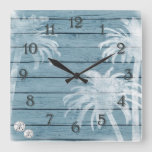 Palm Trees And Sand Dollars Blue Rustic Wood Beach Square Wall Clock at Zazzle