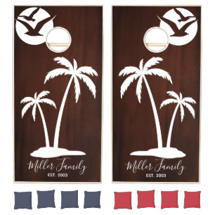 Palm trees and Seagulls on Wood Family Name Est.   Cornhole Set