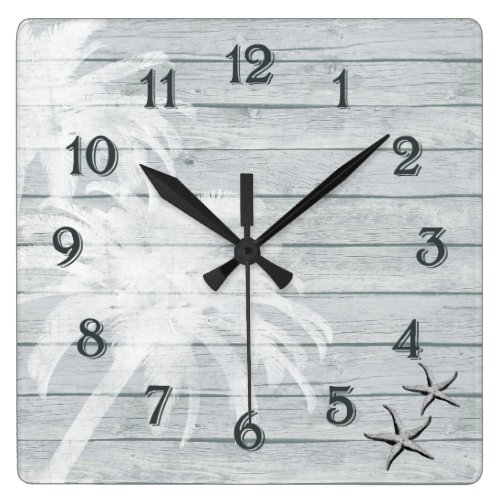 Palm Trees and Starfish on Rustic Wooden Bkg Beach Square Wall Clock