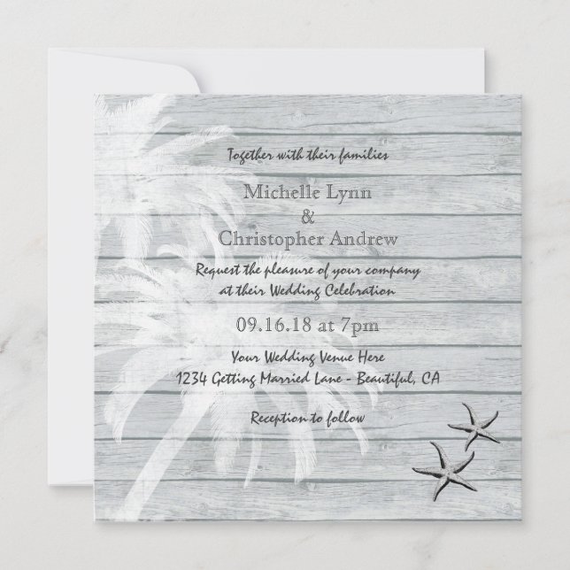 Palm Trees and Starfish Wood Beach Wedding Invite (Front)
