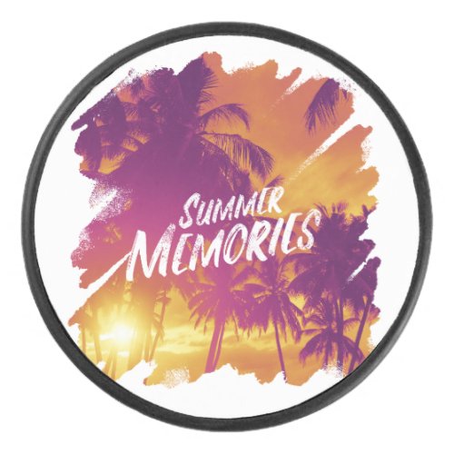 Palm trees and sunset design hockey puck
