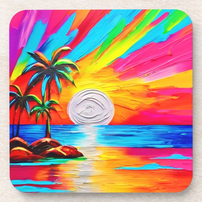 Palm Trees and Sunset Glow Painting Beverage Coaster (Front)