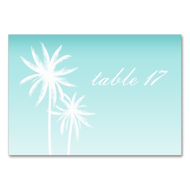 Palm Trees Aqua Wedding Table Number Card (Front)