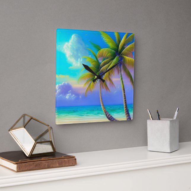 Palm Trees as Night Falls Tropical  Square Wall Clock (Office)