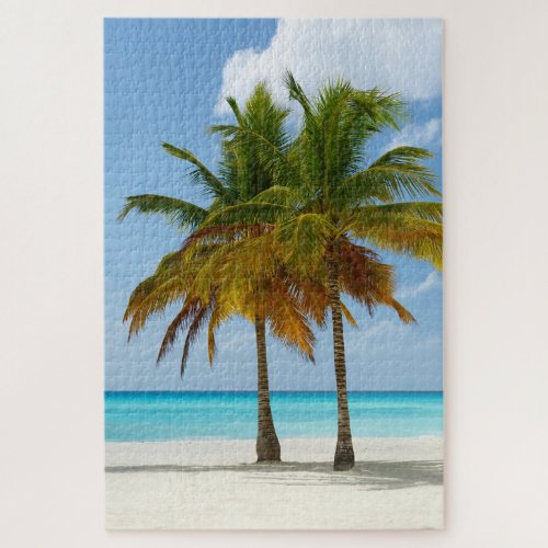 Palm Trees Beach Blue Sea Sky Sunny Day Jigsaw Puzzle