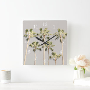 Palm Trees Beach Design 288 Pewter Green Color Square Wall Clock