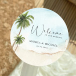 Palm Trees Beach Destination Wedding Welcome Classic Round Sticker<br><div class="desc">Celebrate your wedding with these pretty stickers,  featuring watercolor palm trees and your custom text. Easily add your own details by clicking on the "personalize" option.</div>