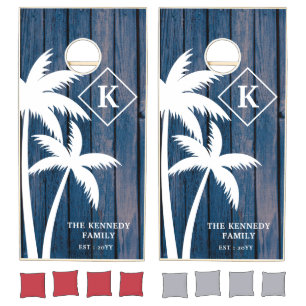 Palm Trees Beach House Family Monogram Blue Wood Cornhole Set