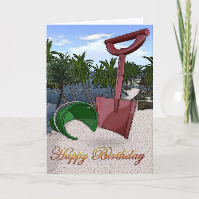 Palm trees beach seashore ocean sand red bucket  card (Front)