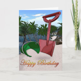 Palm trees beach seashore ocean sand red bucket  card
