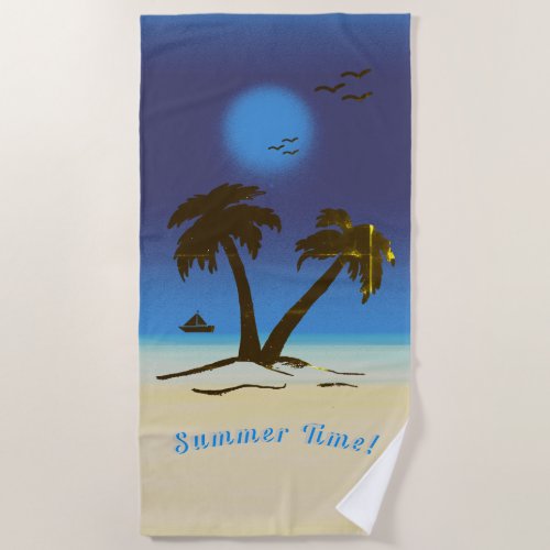 Palm Trees Beach Summer Time Night Time Blue Beach Towel